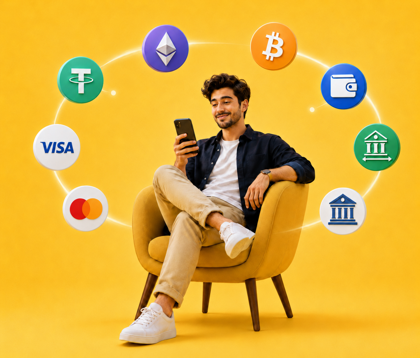 A person choosing a payment method on their phone, surrounded by crypto, card, e-wallet and bank icons