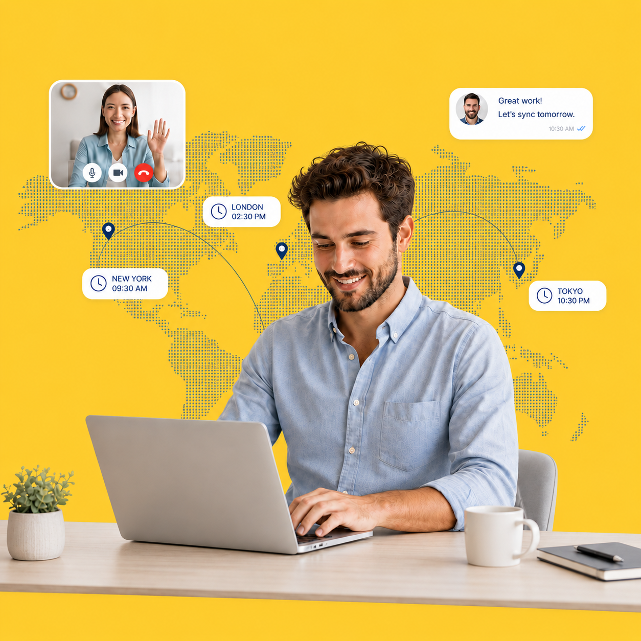 Person working remotely with a distributed team across time zones