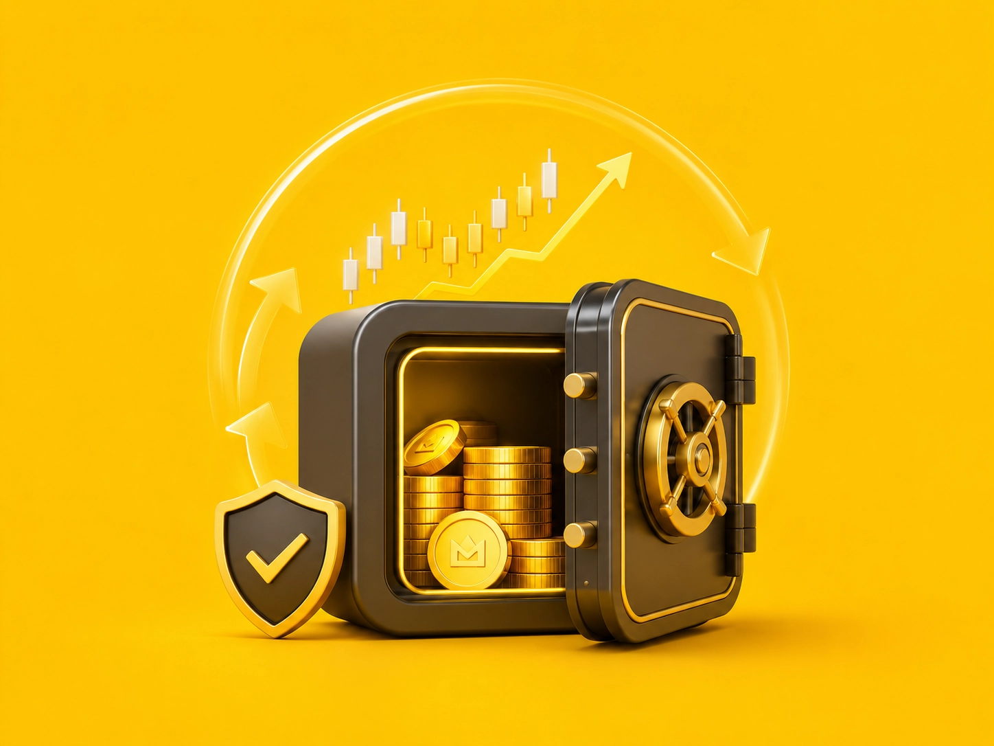 Vault with shield, cash and lightning