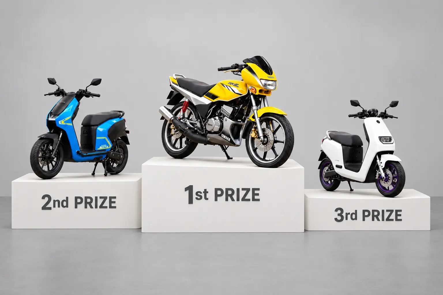 The three prize motorcycles on a 1st, 2nd and 3rd place podium