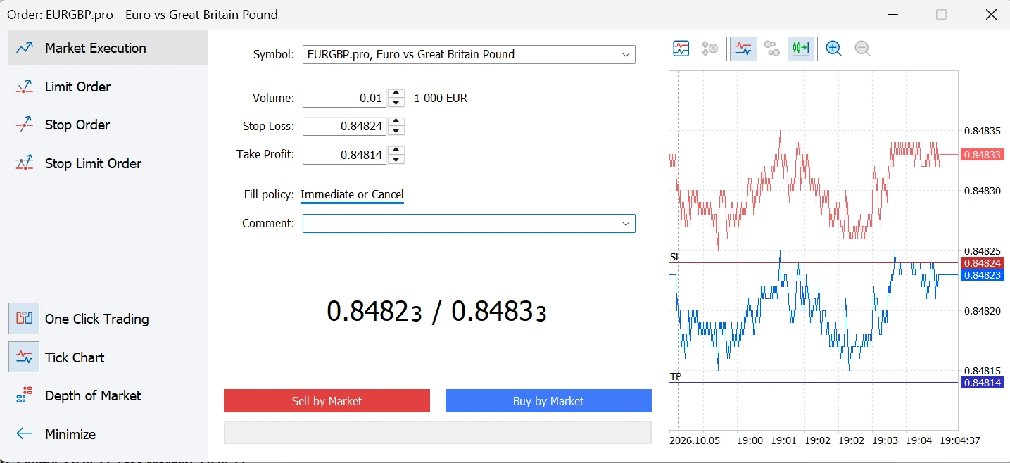 MT5 New Order window with Volume, Stop Loss, Take Profit and Sell/Buy by Market buttons