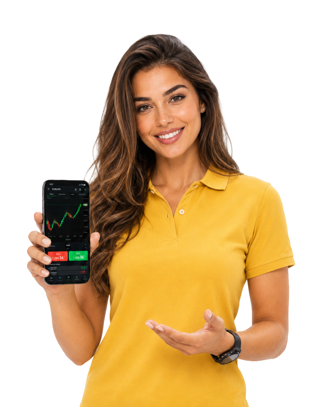 Trader holding a phone showing the Monaxa trading app
