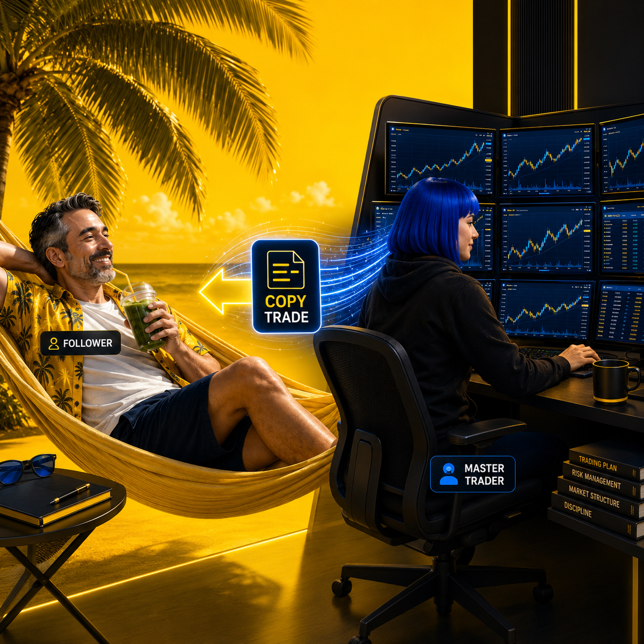 A relaxed Follower in a beachside hammock while a Master Trader works a wall of charts — trades copied automatically.