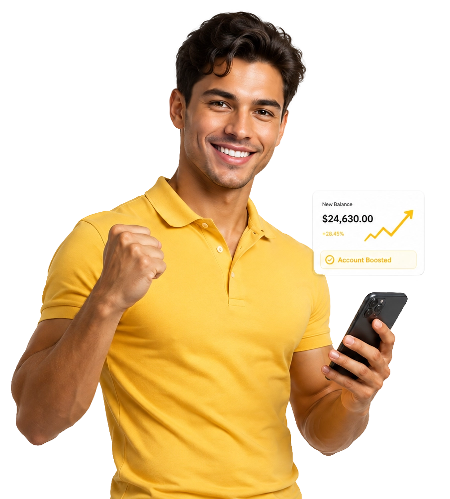Trader celebrating a boosted account balance on his phone