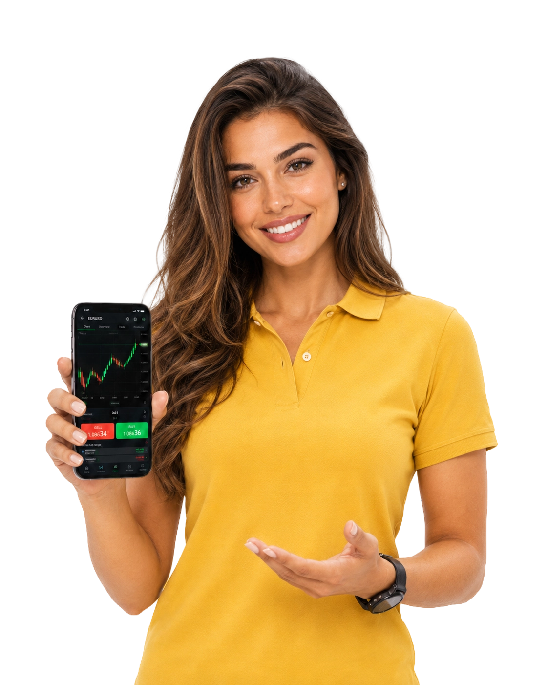 Trader holding a phone showing the Monaxa trading app