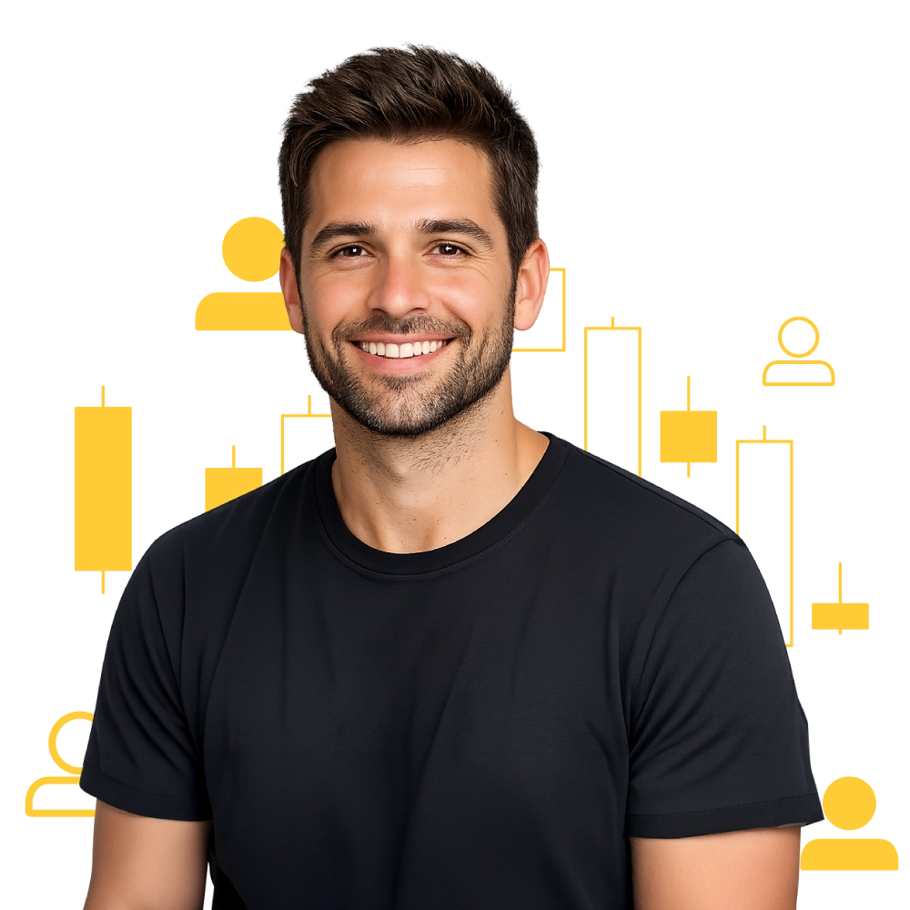 Trader celebrating on a podium of growth