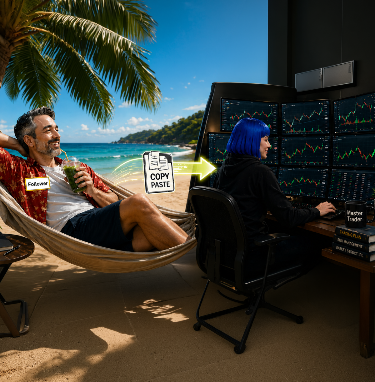 A relaxed Follower in a beachside hammock while a Master Trader works a wall of charts — trades copied automatically.