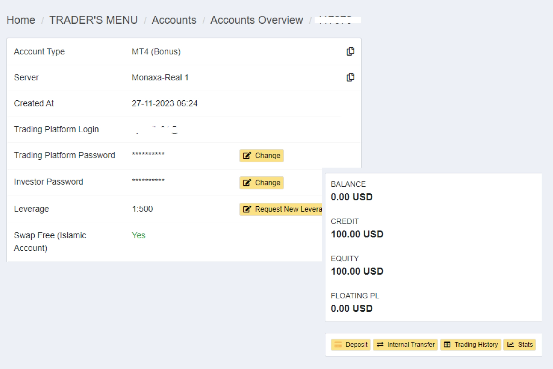 Screenshot: account overview