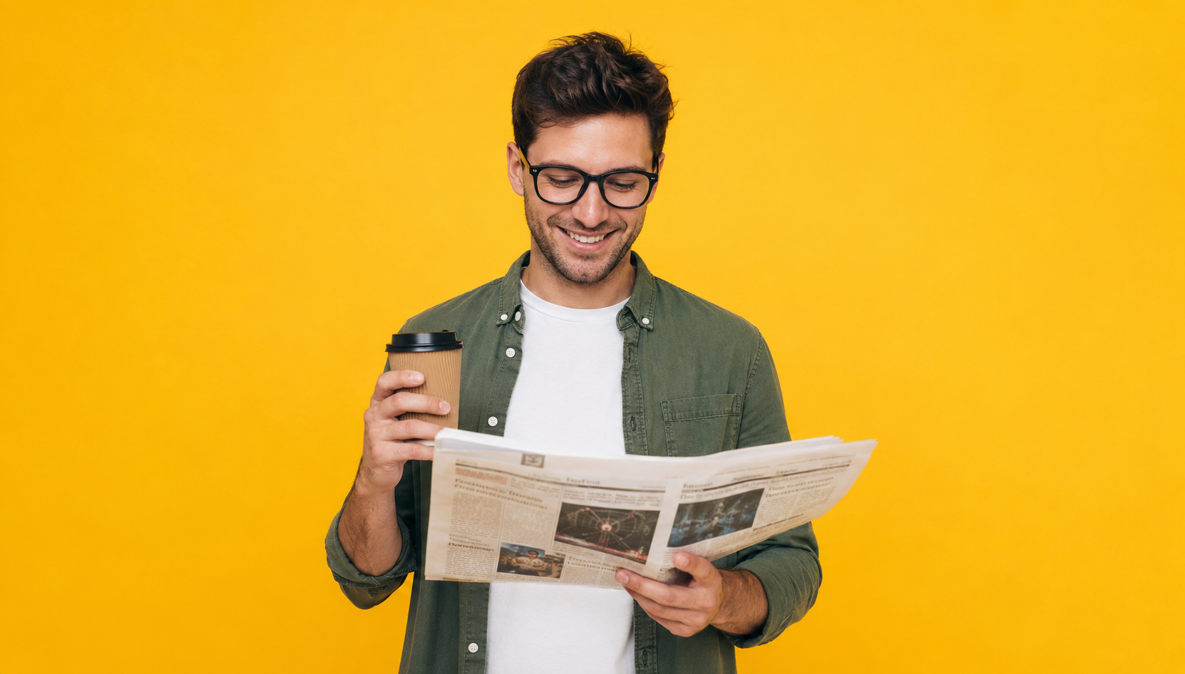 Man reading a newspaper with a coffee