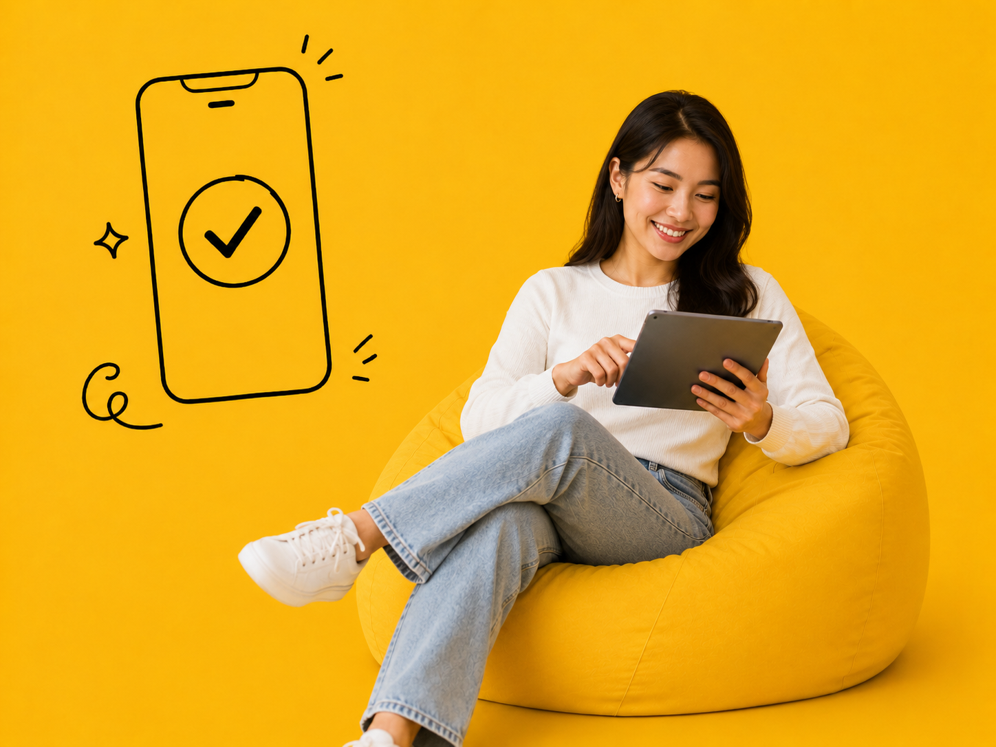 Trader smiling while using a tablet in a yellow bean bag chair